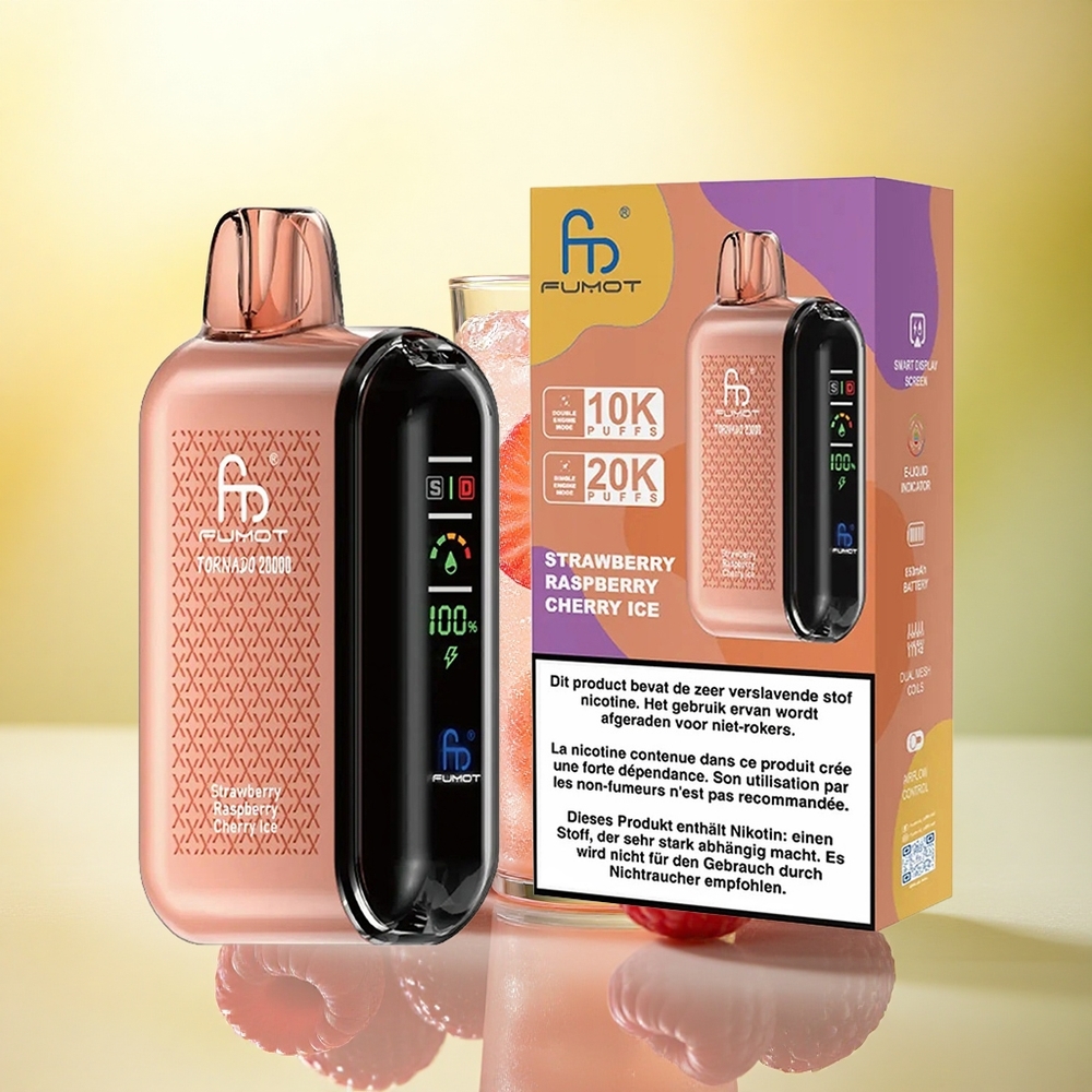 Fumot Tornado 20000 Puffs Capsuni Zmeură Cireșe Gheață cu Baterie 850mAh și Control Aer