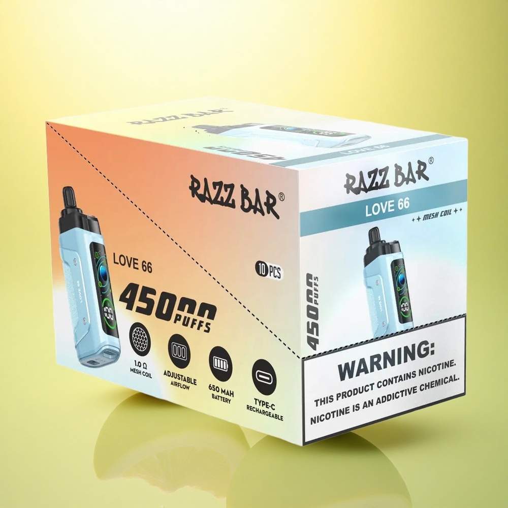 Razz Bar 45000 Puffs Dragoste 66 cu 20 mg/ml nicotină și bobina Mesh 1.0 Ohm