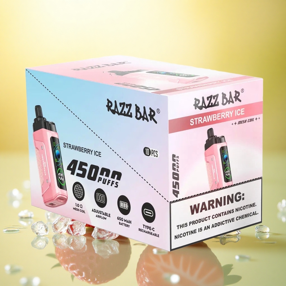 Razz Bar 45000 Puffs Înghețată de Căpșuni cu Coil Mesh 1.0 Ohm și Nicotină 20 mg/ml