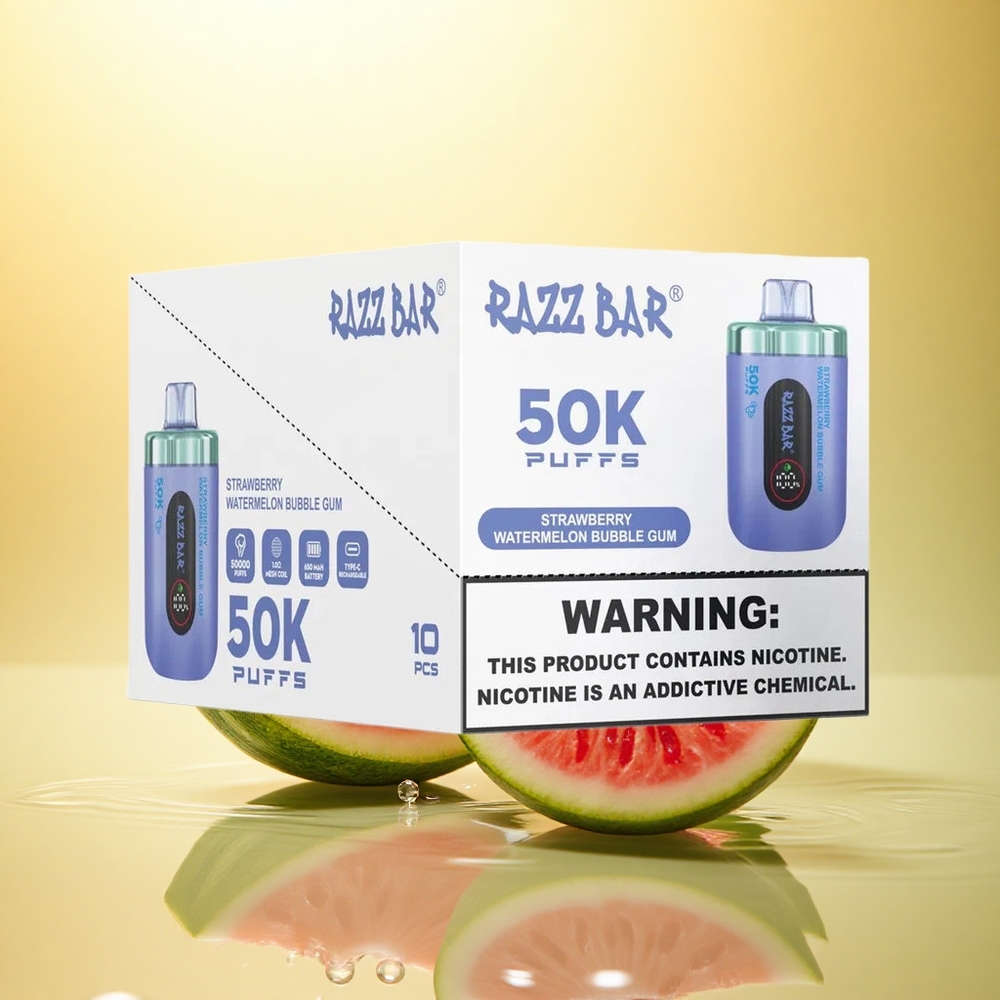 Razz Bar 50K Puffs Gumă de mestecat Căpșuni Pepene Verde cu Coil Mesh 1.0 Ohm și Baterie 650 mAh